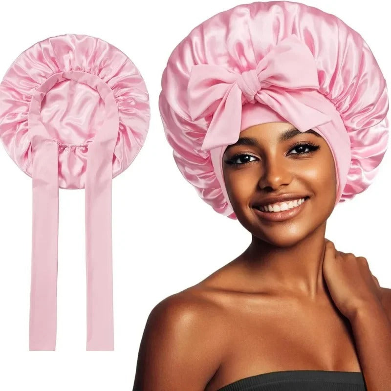 Side by side photo of a tied Pink bonnet on model and untied bonnet