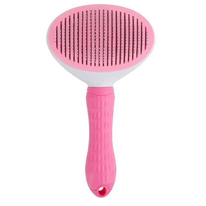 Pink grooming brush with stainless steel bristles and a soft-grip handle, ideal for detangling pet hair and reducing shedding.