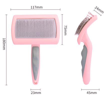 Pink pet grooming slicker brush with detailed measurements displayed