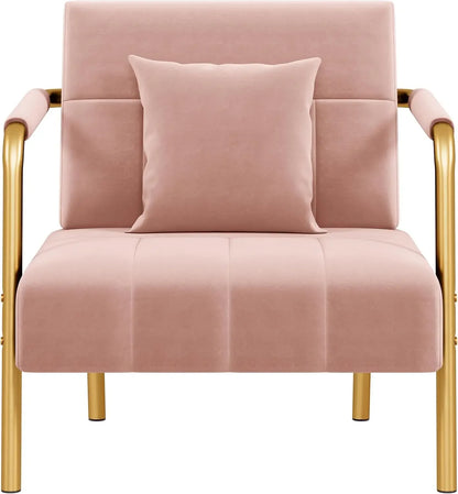 Pink Velvet Accent Chair - Modern Glam Armchair with Gold Frame front view in white background 