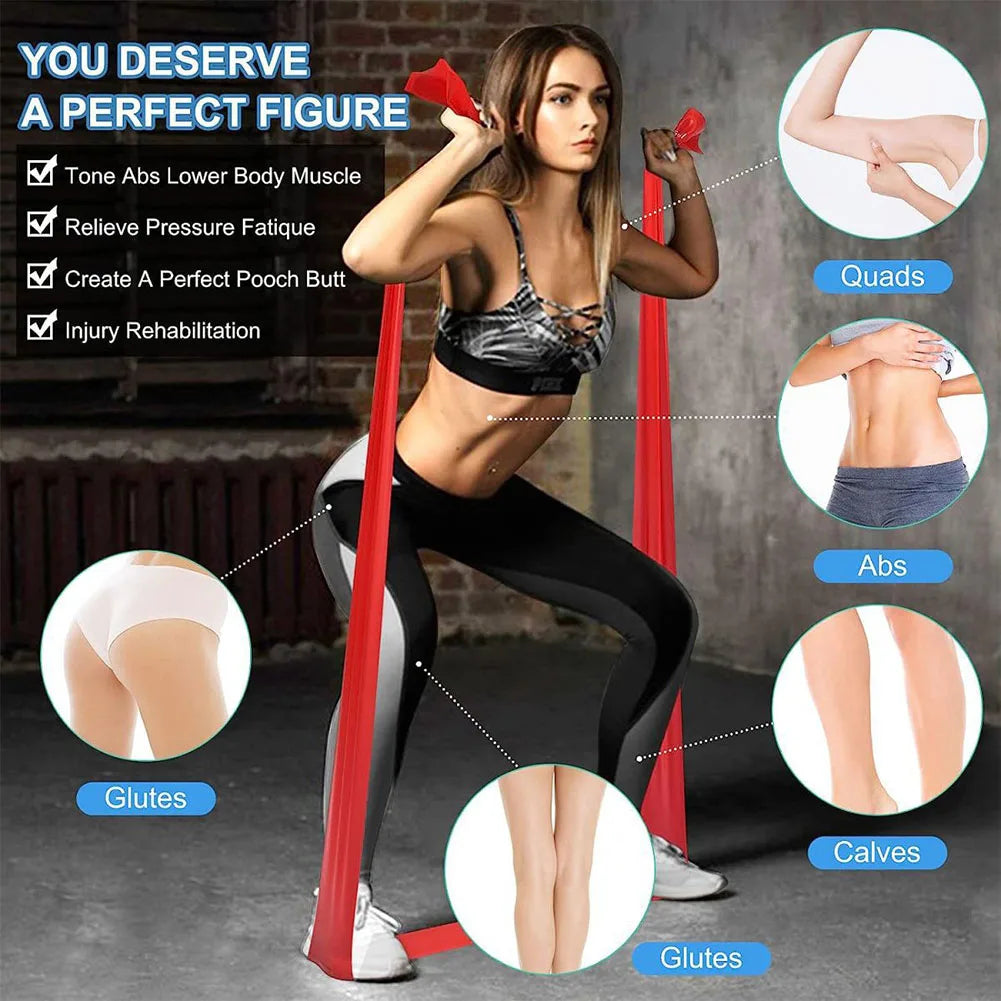 A woman dressed in athletic wear performs squats using a red resistance band under her feet and across her shoulders in a gym setting. The image includes text overlays such as "You deserve a perfect figure" and labels highlighting targeted muscle groups — glutes, abs, quads, and calves — using magnified insets. Other text mentions benefits like toning, relieving fatigue, improving posture, and aiding injury rehabilitation.