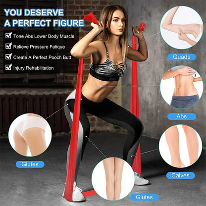 A woman dressed in athletic wear performs squats using a red resistance band under her feet and across her shoulders in a gym setting. The image includes text overlays such as "You deserve a perfect figure" and labels highlighting targeted muscle groups — glutes, abs, quads, and calves — using magnified insets. Other text mentions benefits like toning, relieving fatigue, improving posture, and aiding injury rehabilitation.