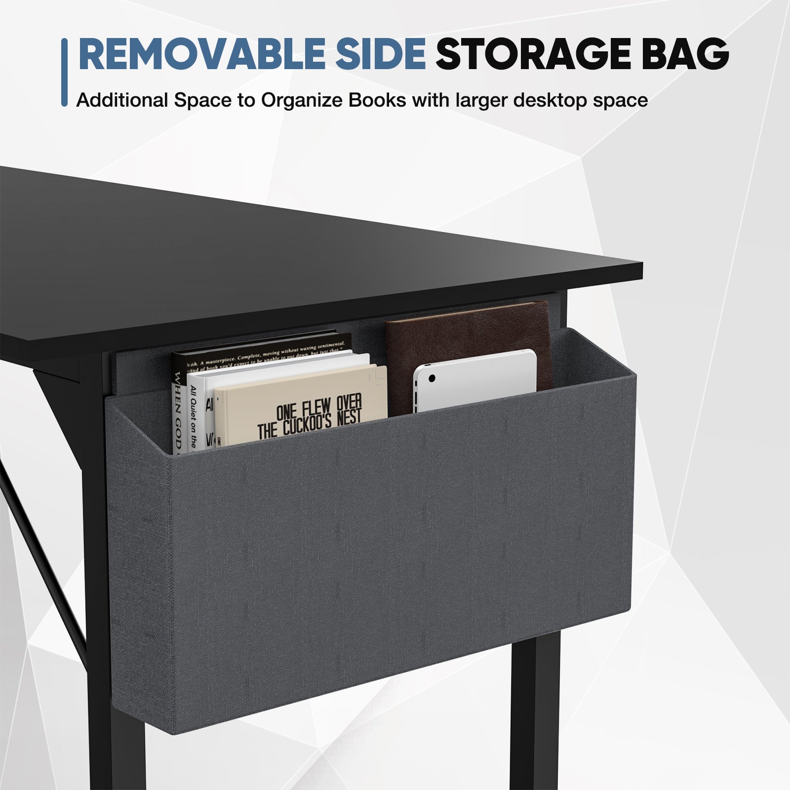 Black desk with a removable side storage bag for books and a tablet.