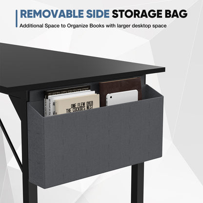 Black desk with a removable side storage bag for books and a tablet.