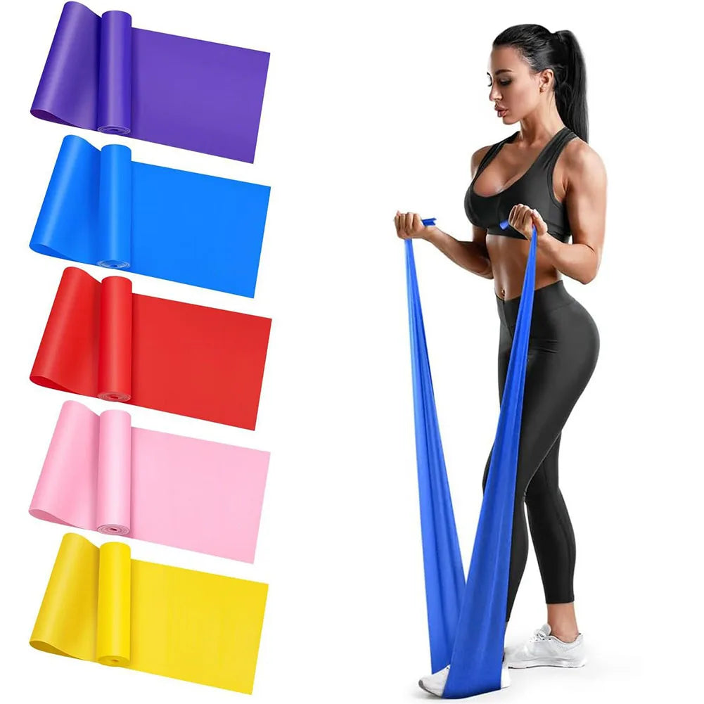 A color chart featuring five rolled resistance bands in purple, blue, red, pink, and yellow, displayed vertically on the left. On the right side, a fit woman dressed in black workout attire is shown gripping and stretching a blue resistance band in an upright position, demonstrating its use for arm exercises or full-body resistance training.