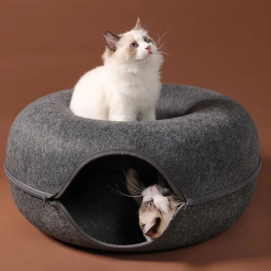 Main Image: Donut-shaped cat bed with a built-in interactive tunnel with two cats, made from durable felt for comfort and play. Ideal for cats who love cozy resting spots and active exploration.