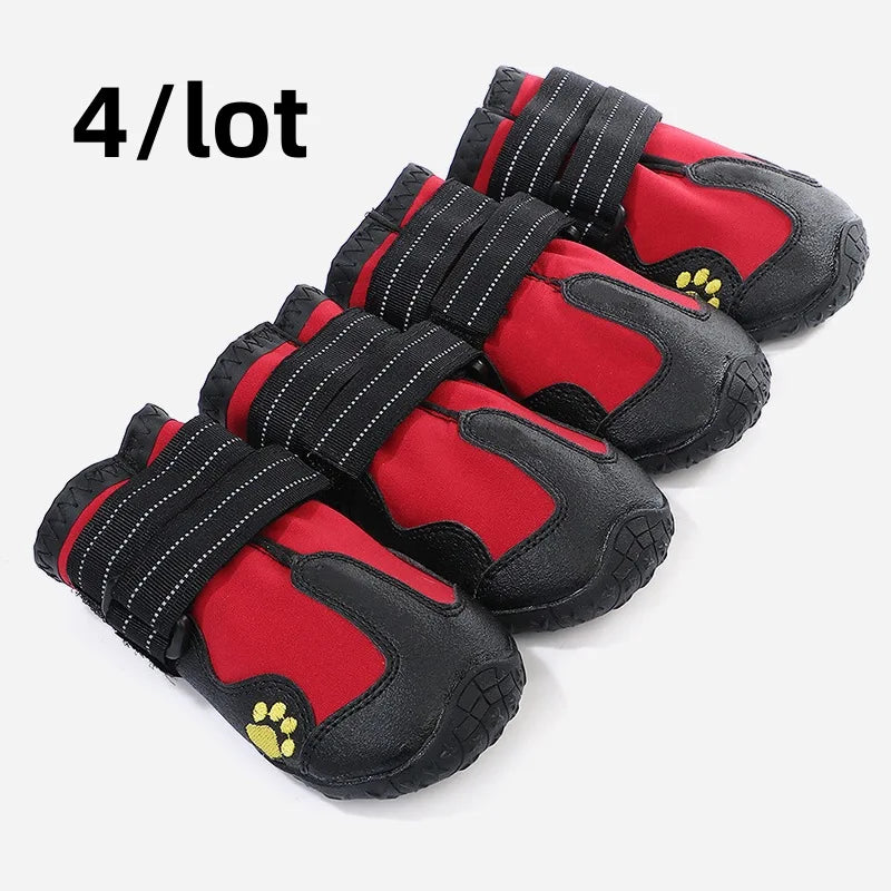 4 pc Black with a little yellow, waterproof dog boots for medium and large dogs, featuring anti-slip soles, reflective strips for visibility, and adjustable straps for a secure fit. Ideal for rain, snow, and rough terrain.