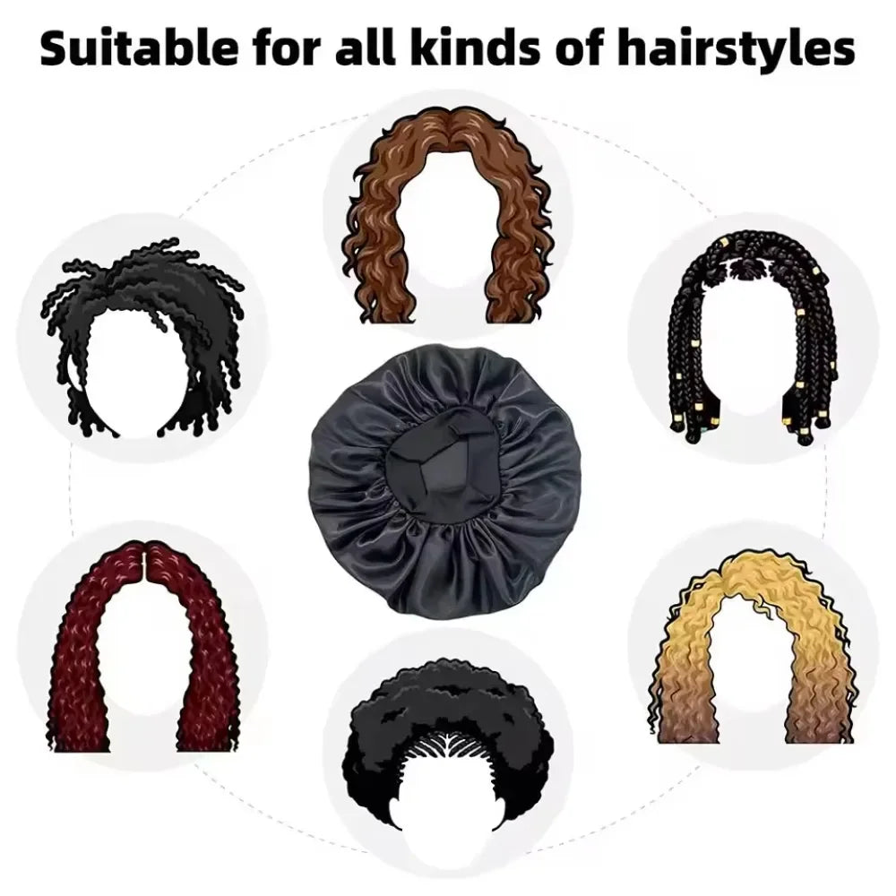 Illustration showing satin bonnet suitable for various hairstyles including curls, braids, and afros