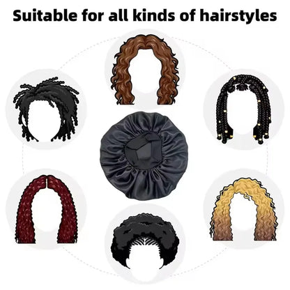 Illustration showing satin bonnet suitable for various hairstyles including curls, braids, and afros