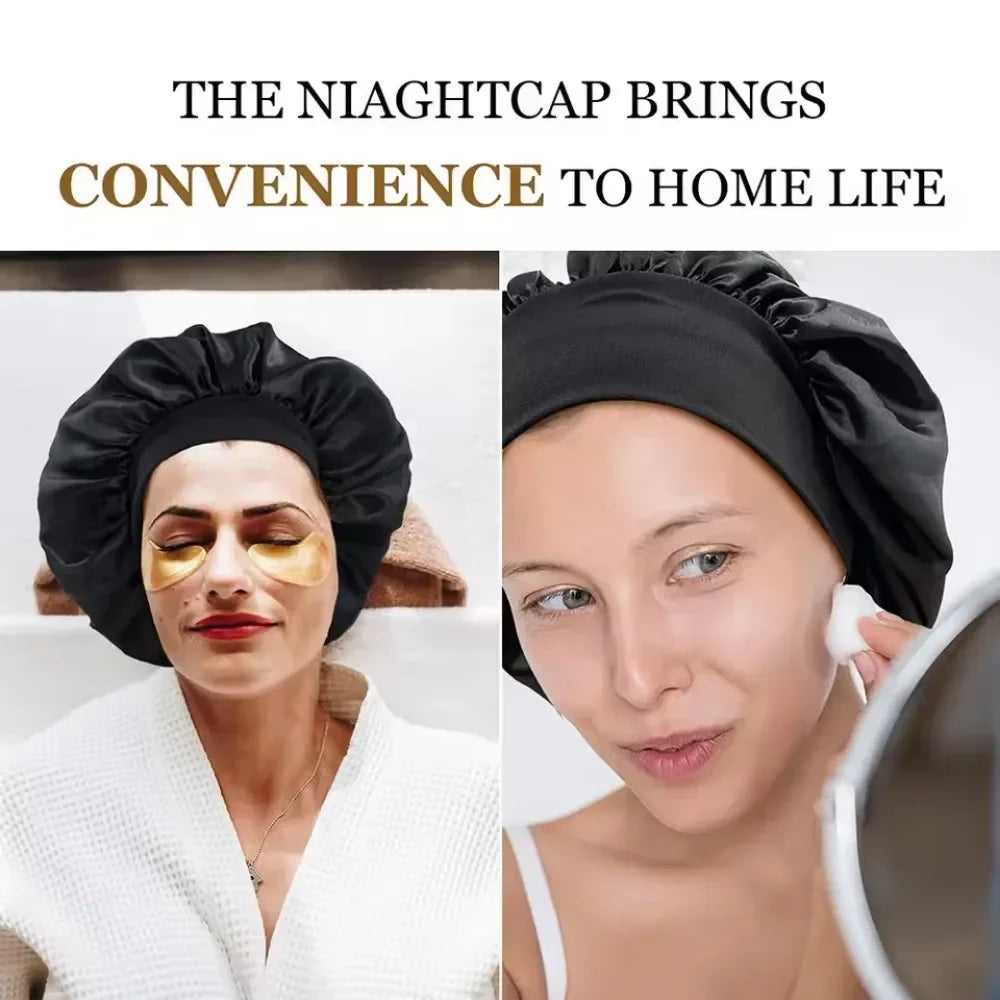 Women using black satin bonnets during skincare routines at home