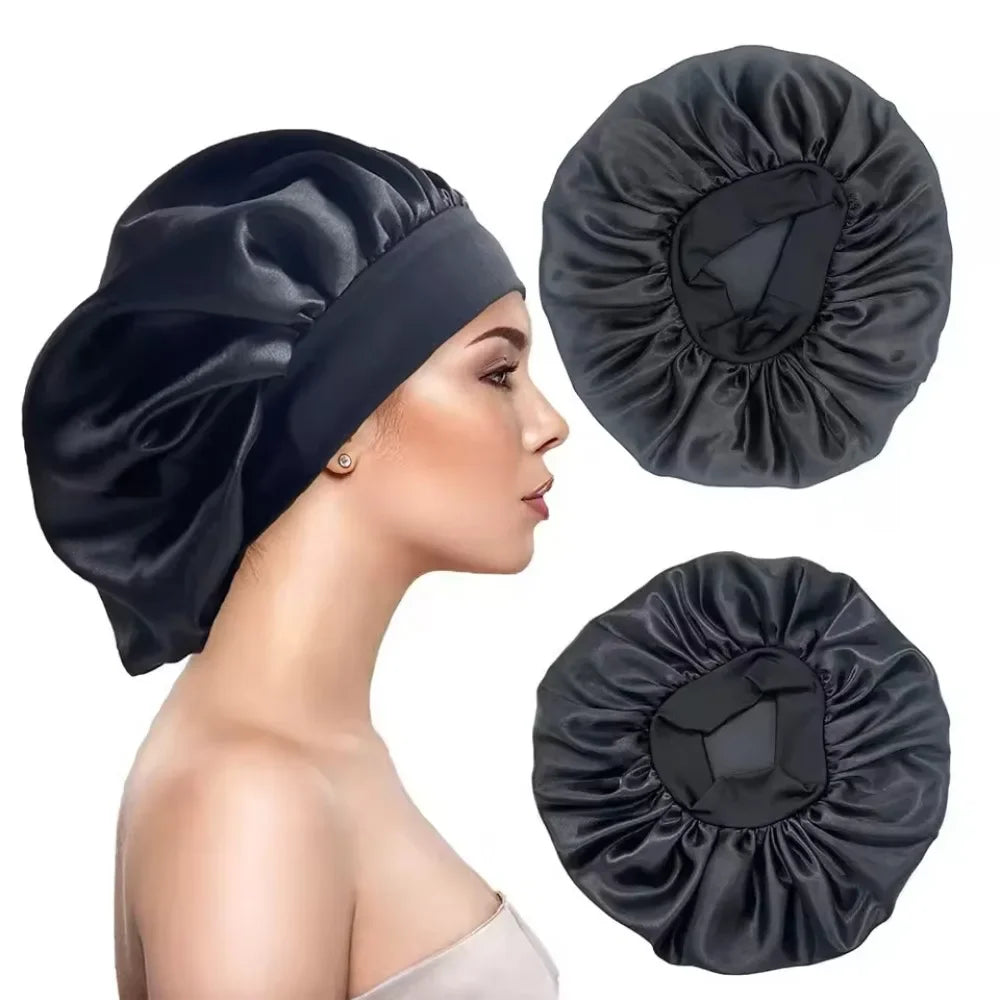 Side profile of woman wearing a satin bonnet and top view of the bonnet laid flat on a white background 