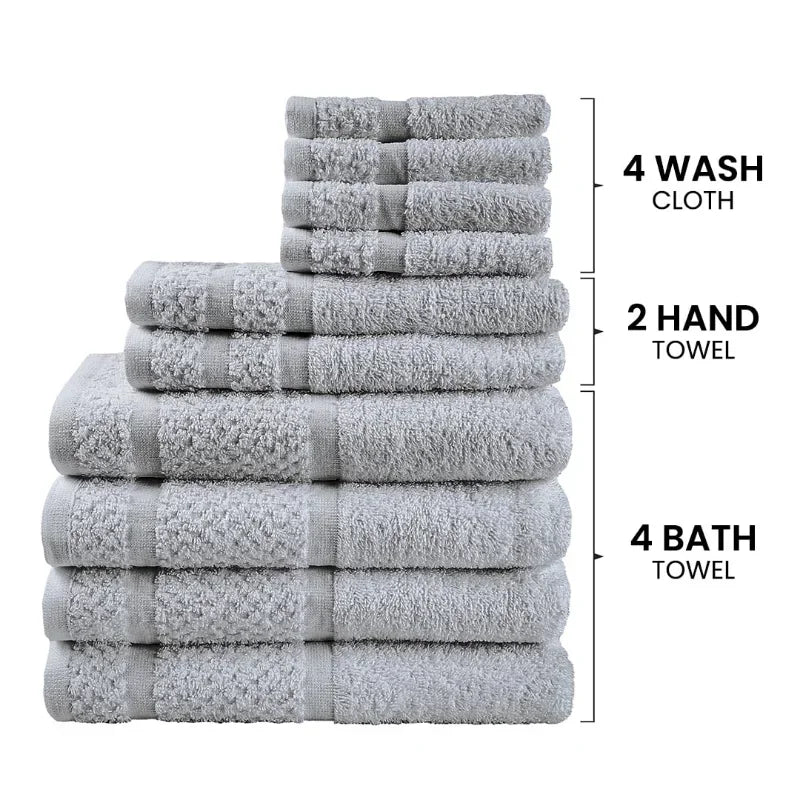 Set of gray towels including bath towels, hand towels, and washcloths on a white background with text indicating quantity.