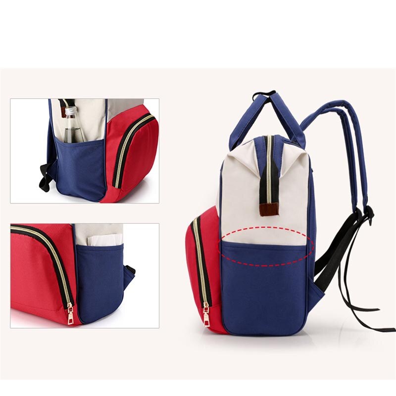 Side and angled views of tricolor diaper backpack showing side bottle pockets and zippered compartments.