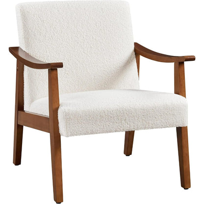 Side view of mid-century style accent chair with Solid Wood Legs, & Beige Corduroy Fabric.