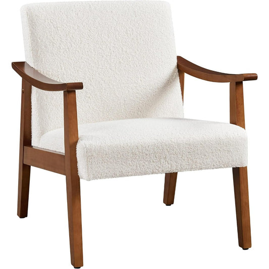 Side view of mid-century style accent chair with Solid Wood Legs, & Beige Corduroy Fabric.