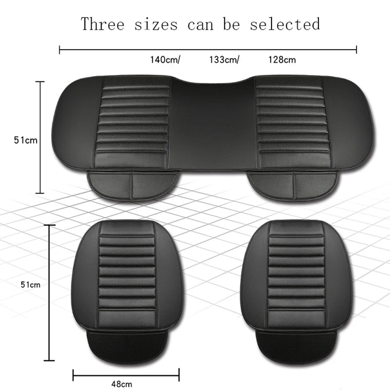 car seat cushion size guide: black leatherette set with rear bench widths 128/133/140 cm (depth 51 cm) and two front cushions 48 cm × 51 cm—three sizes selectable