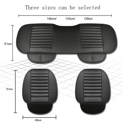 car seat cushion size guide: black leatherette set with rear bench widths 128/133/140 cm (depth 51 cm) and two front cushions 48 cm × 51 cm—three sizes selectable