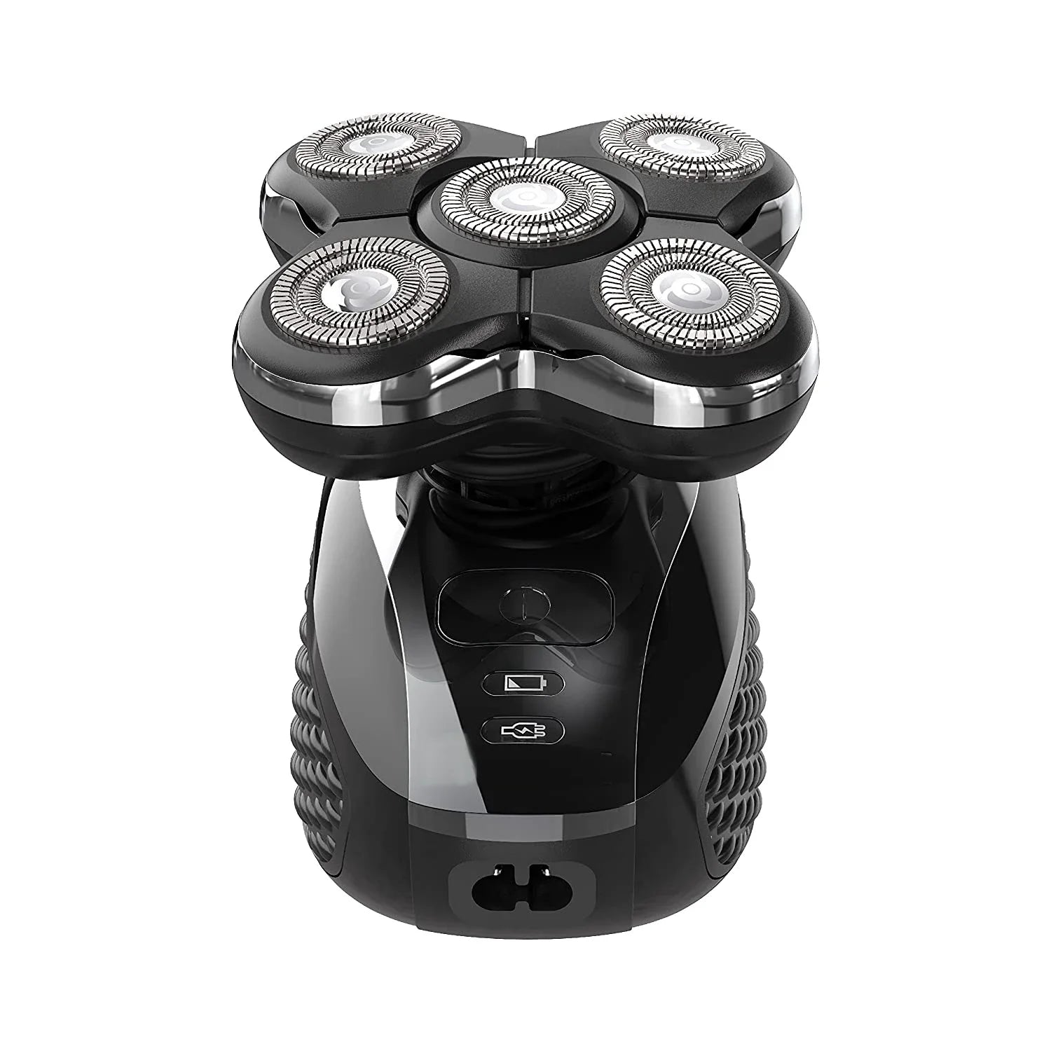 Zokoria's Close-up front view of the Balder Pro Head Shaver, featuring five circular rotary blades and a power button interface.