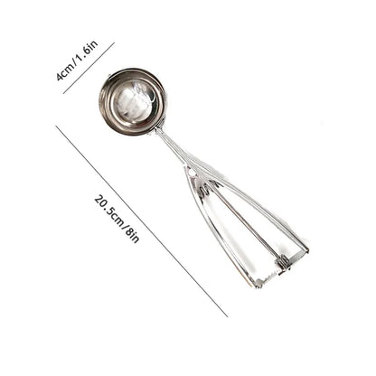 Top view of a small stainless steel ice cream scoop with a 4cm (1.6in) diameter bowl and 20.5cm handle, designed for precise portioning.