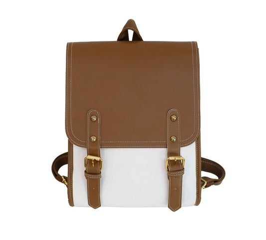Straight-on view of the backpack with lighting focused to show fine stitching, leather finish, and sturdy design in brown and white color scheme.