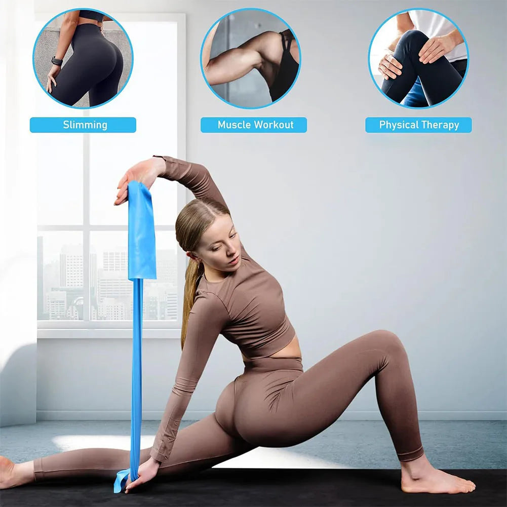 A woman in brown yoga attire performs a deep side stretch on a black mat indoors using a blue resistance band looped around her extended foot. She is arching one arm overhead while holding the band. The top of the image shows circular insets labeled “Slimming,” “Muscle Workout,” and “Physical Therapy,” each with images of glutes, arms, and knees to visually suggest the benefits of using the resistance band.