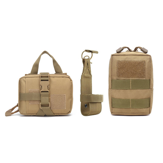 Tan tactical MOLLE pouch set including utility pouch, water bottle holder, and first aid bag for dog harness.
