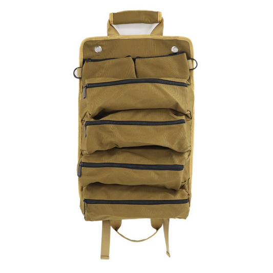 Front view of a tan tool roll organizer fully opened, displaying five zippered pockets for detailed tool sorting and access.