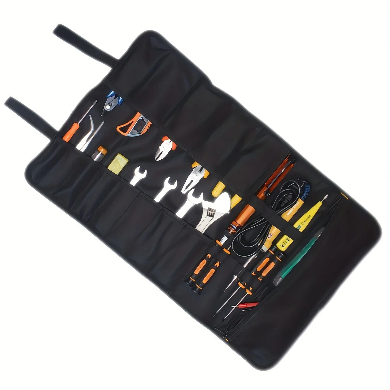 Diagonal top-down view of the E7CD tool roll case opened, filled with tools like wire cutters, screwdrivers, and pliers. The tool slots and elastic bands neatly organize each item in a black case with orange edges.