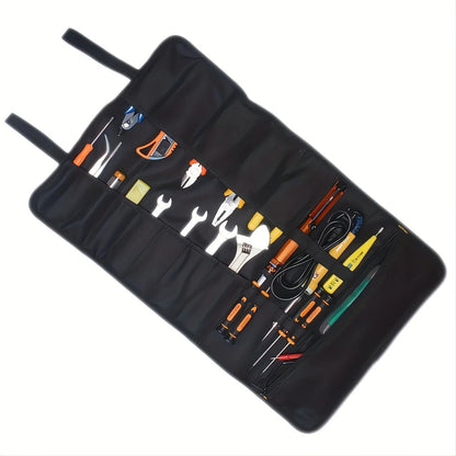 Diagonal top-down view of the E7CD tool roll case opened, filled with tools like wire cutters, screwdrivers, and pliers. The tool slots and elastic bands neatly organize each item in a black case with orange edges.