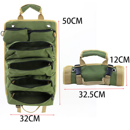 Dimensions of the tool roll organizer displayed with open and rolled-up views, showing 50cm height and 32cm width, and compact 32.5cm by 12cm when rolled.