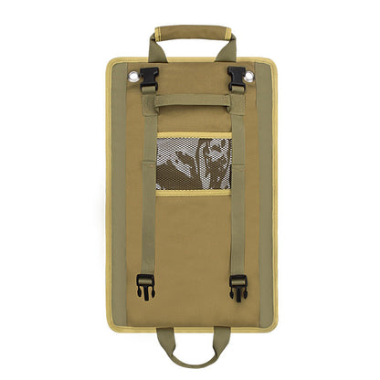  Rear view of the tool roll showing mesh pocket, adjustable hanging straps, and sturdy stitching, emphasizing vertical hanging functionality.