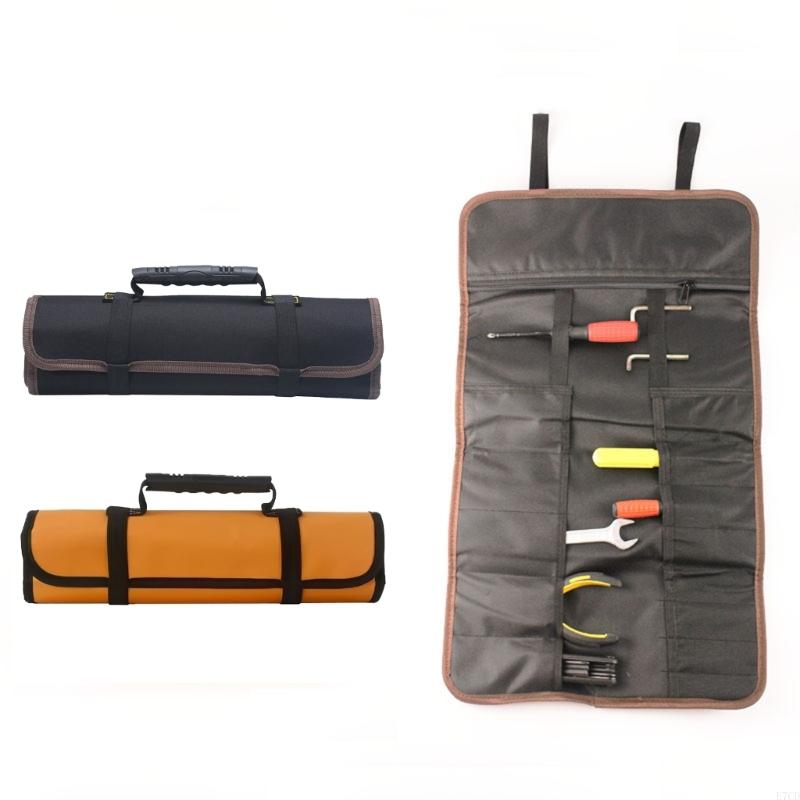 An open tool roll organizer in black showing 18 compartments filled with various hand tools like wrenches, pliers, and screwdrivers. The roll features hanging straps and reinforced stitching, ideal for portable tool storage.