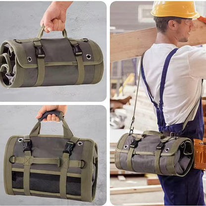 Collage of a worker carrying the roll organizer over shoulder and by hand at a construction site, demonstrating portability and professional use.