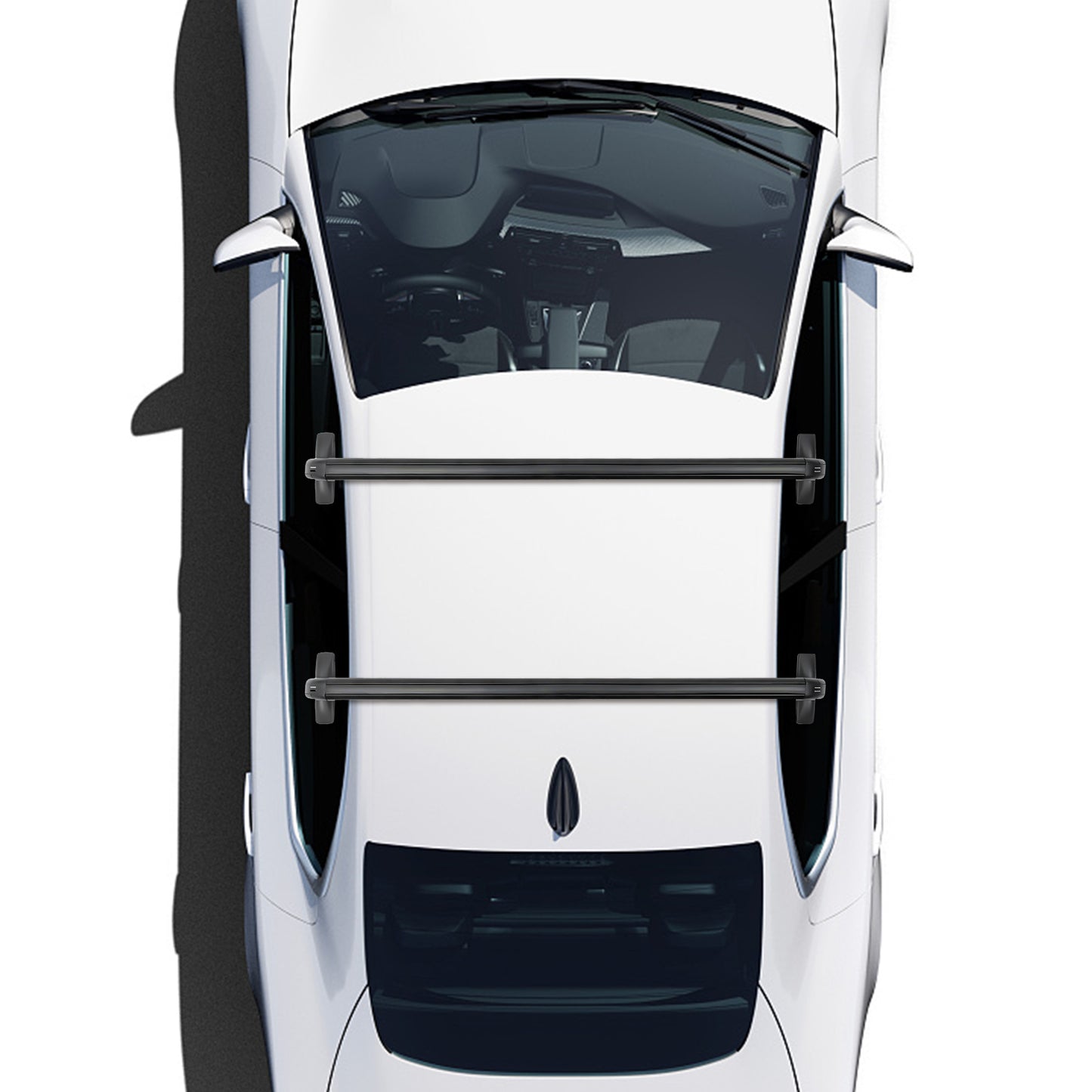 overhead image of a white 4-door sedan with two black cross bars positioned fore and aft across the roof