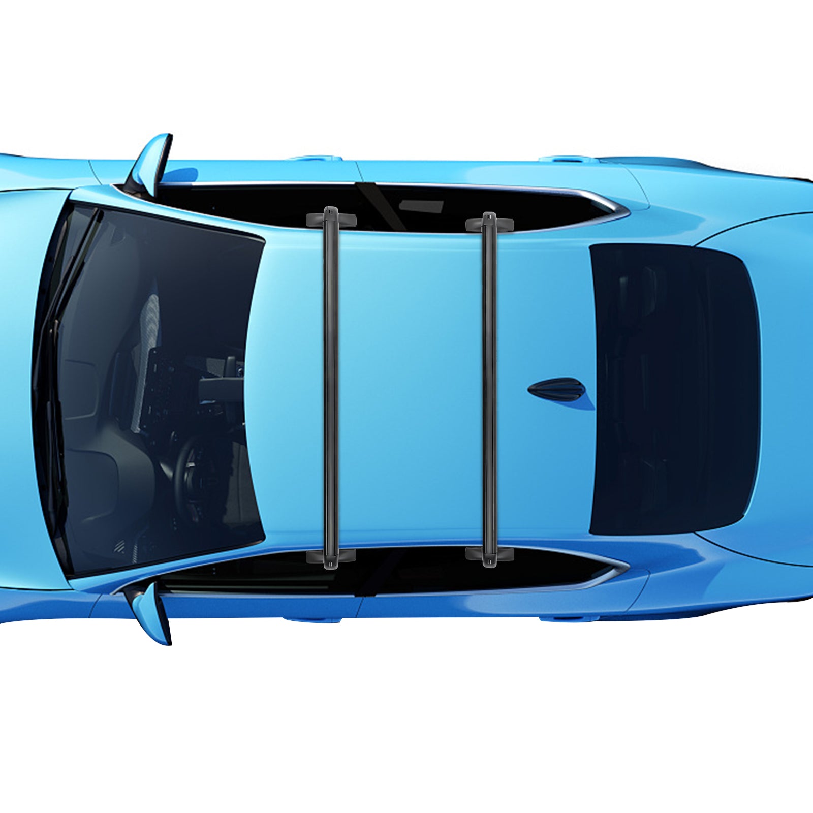 overhead image of a blue hatchback with two black clamp-on cross bars installed across the roof at the door frames