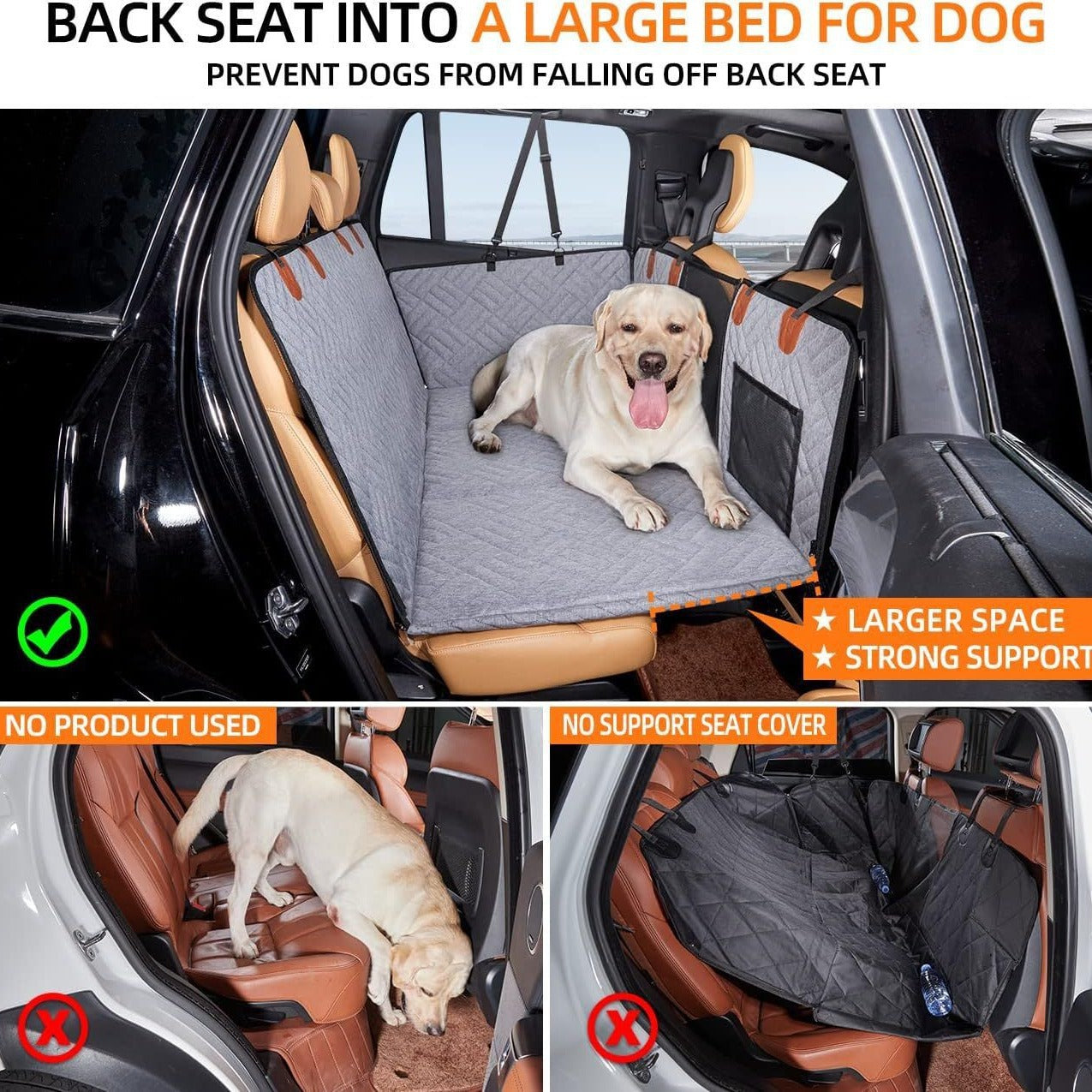 comparison of supported large dog bed vs. dogs sliding without support; shows rigid front panel benefit
