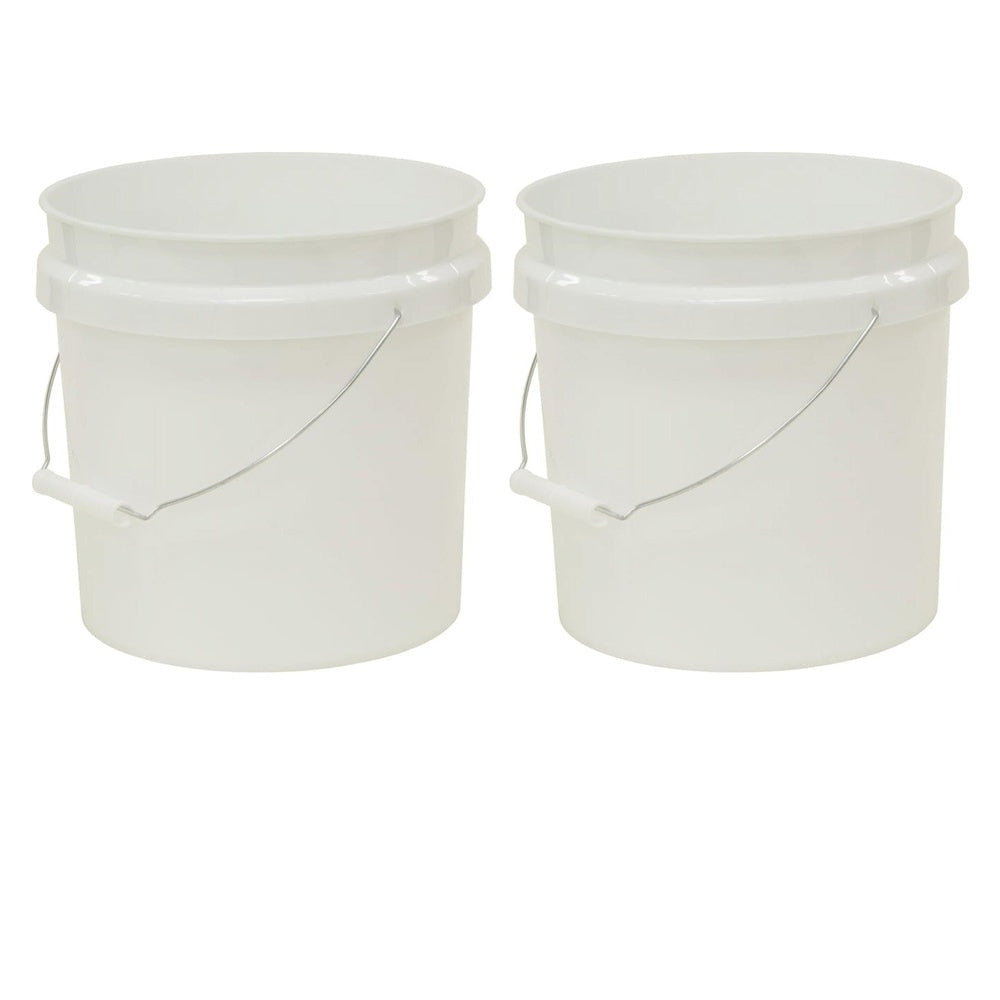 Two white buckets with on a white background.