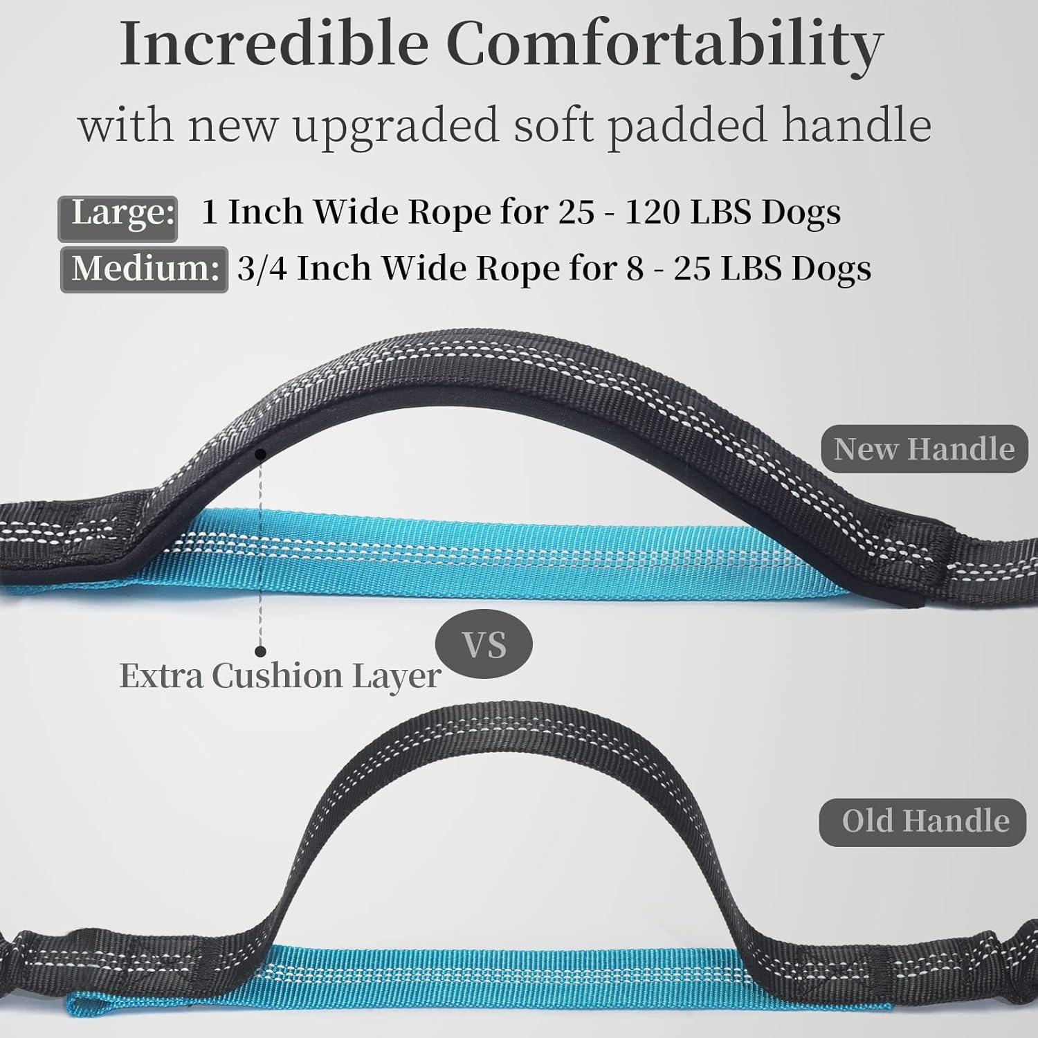 Comparison between new and old dog leash handles showing improved padded handle design with extra cushion layer for comfort, available in large and medium sizes