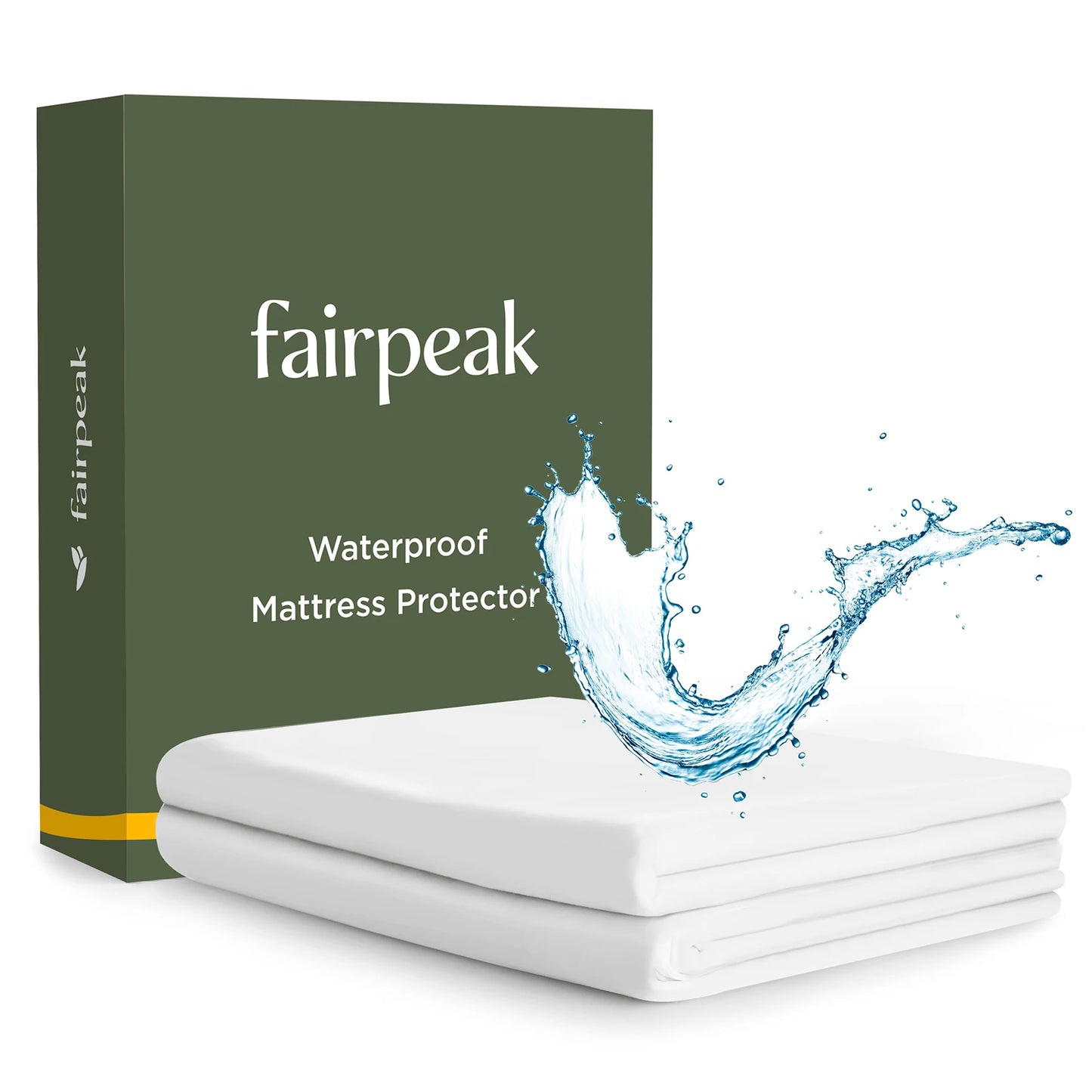 Fairpeak waterproof mattress protector packaging box with folded white protector and splash of water showing waterproof design