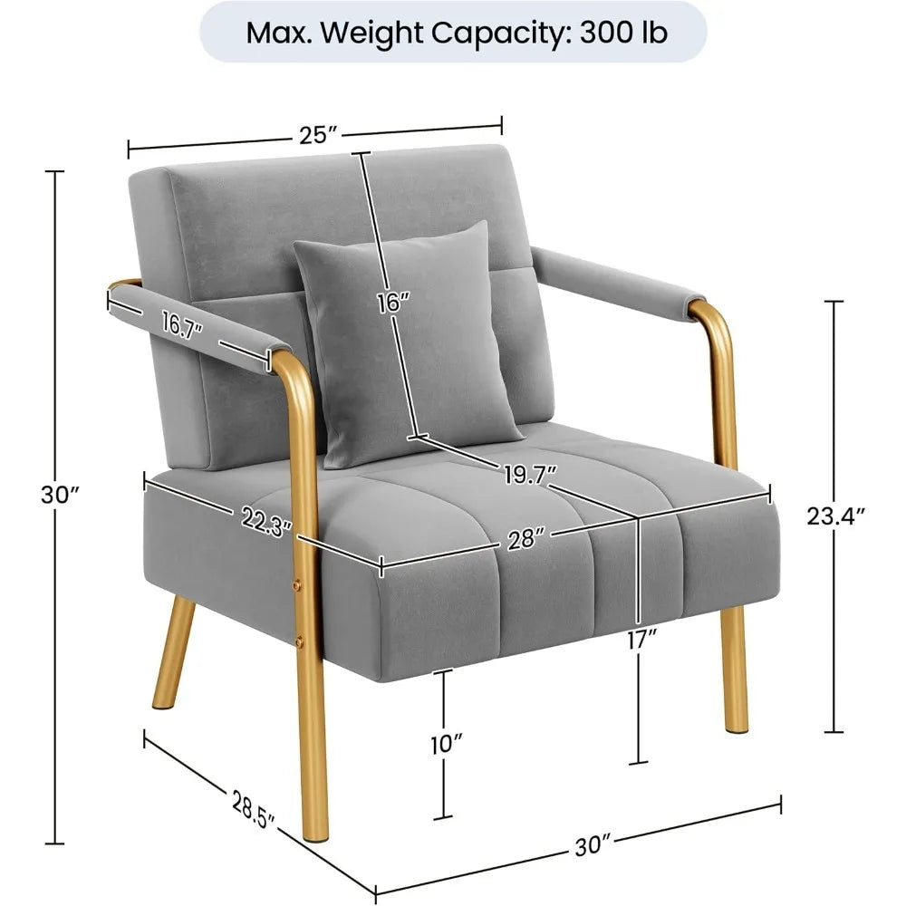 Gray Velvet Accent Chair - Modern Glam Armchair with Gold Frame detailing dimensions and weight 