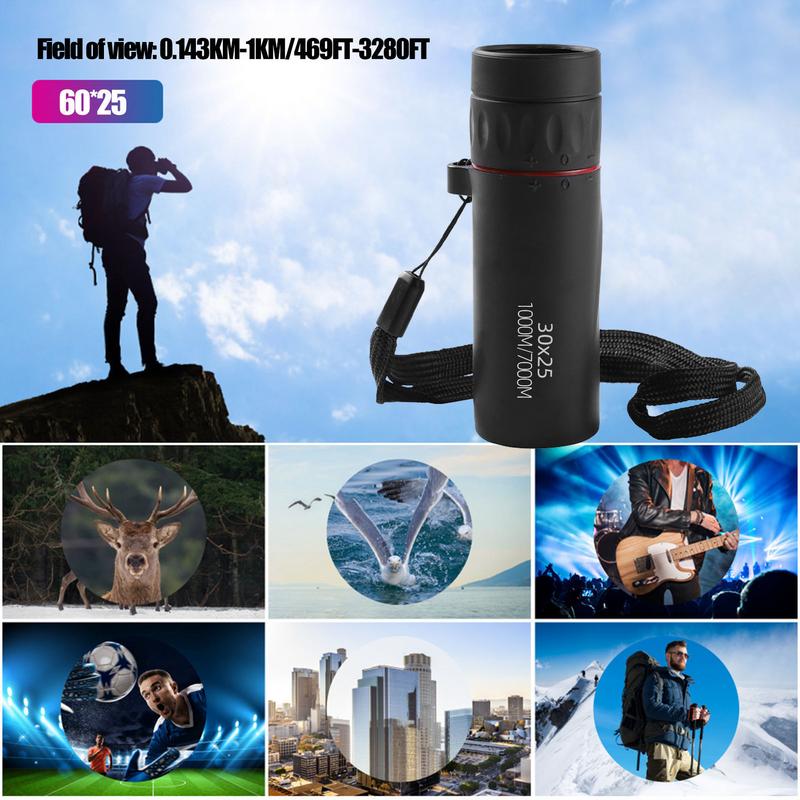 Monocular telescope with neck strap shown in outdoor adventure scenarios including concerts, wildlife, and sports