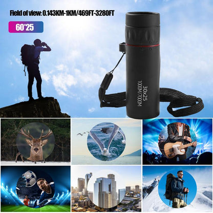 Monocular telescope with neck strap shown in outdoor adventure scenarios including concerts, wildlife, and sports