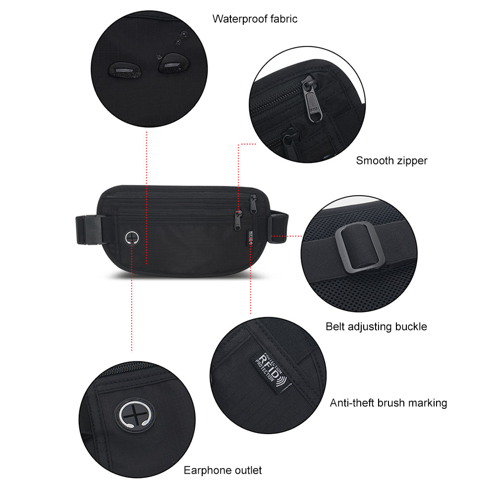 Diagram of black waist pack detailing features like waterproof fabric, smooth zipper, adjustable buckle, RFID protection, and earphone outlet, with close-up circles for clarity.