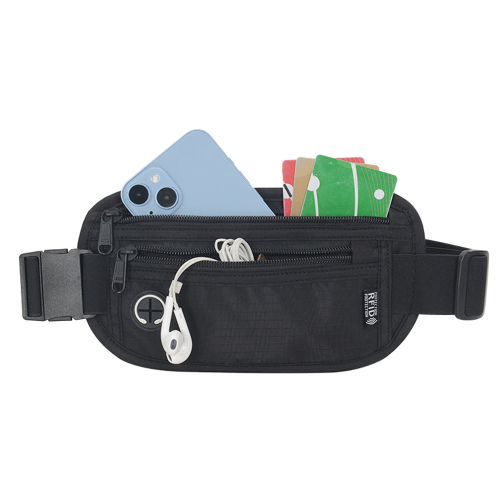 Black waist pack unzipped and filled with a smartphone, cards, and earphones, demonstrating its storage capacity and organization features.