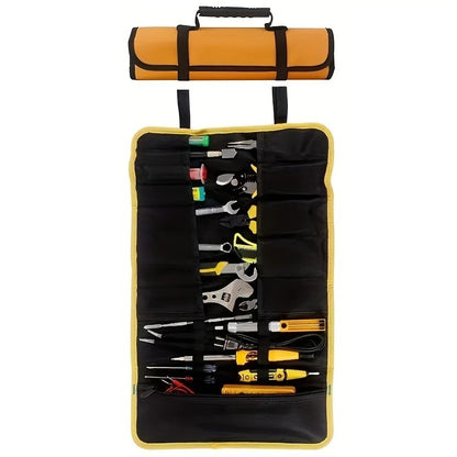 Yellow mustard-trimmed tool roll case fully unfolded to reveal 18 tool slots filled with assorted tools such as screwdrivers, pliers, and wrenches. The case lies flat on a white background with an orange rolled-up version above it.