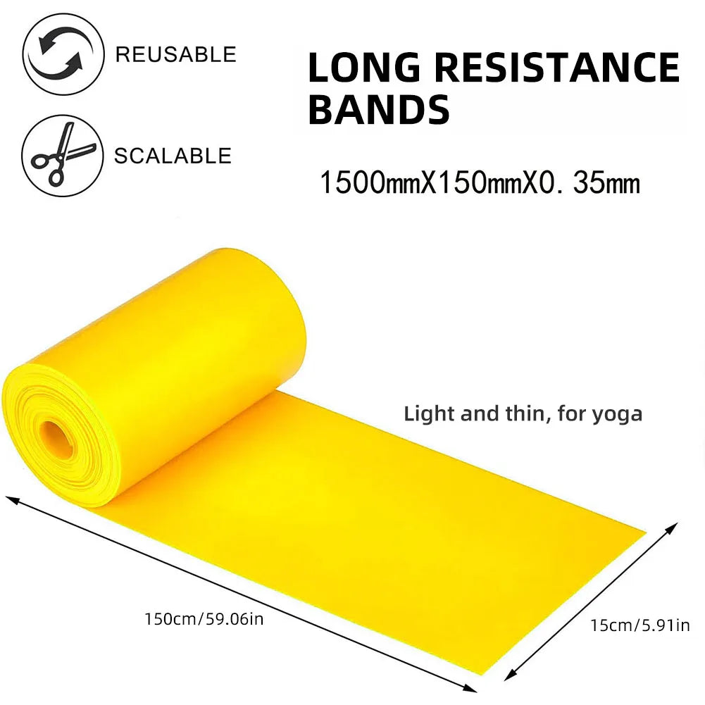 A rolled-out yellow latex resistance band with a flat, smooth surface, positioned on a white background. Text labels above highlight the band’s features including "Reusable" and "Scalable." Dimensions are printed on the image: 1500mm length (59.06 inches), 150mm width (5.91 inches), and 0.35mm thickness. An arrowed scale line shows the band’s full extended length and width. Text also reads, “Light and thin, for yoga,” indicating its intended use.