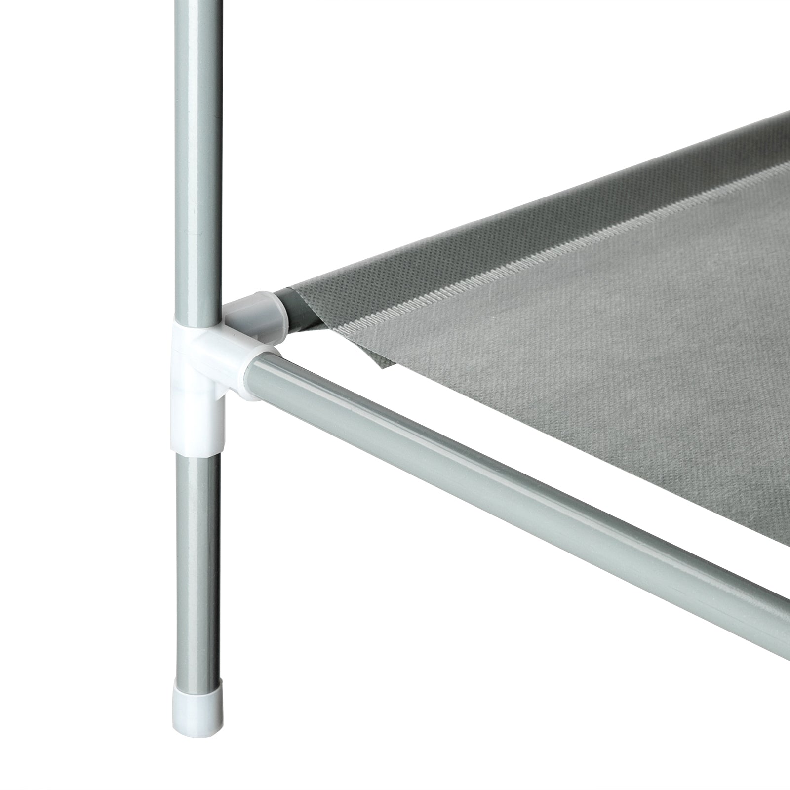Zoomed-in detail of fabric wrap and plastic joint showing how the shelves connect to the metal frame.