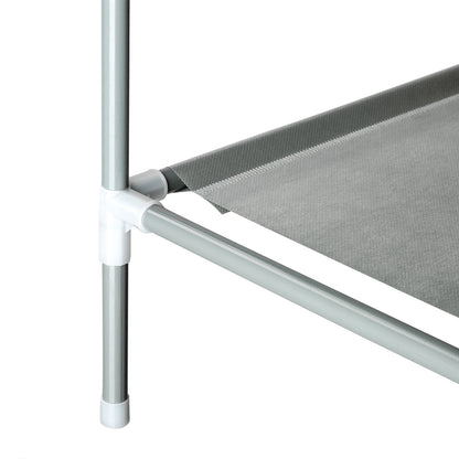 Zoomed-in detail of fabric wrap and plastic joint showing how the shelves connect to the metal frame.