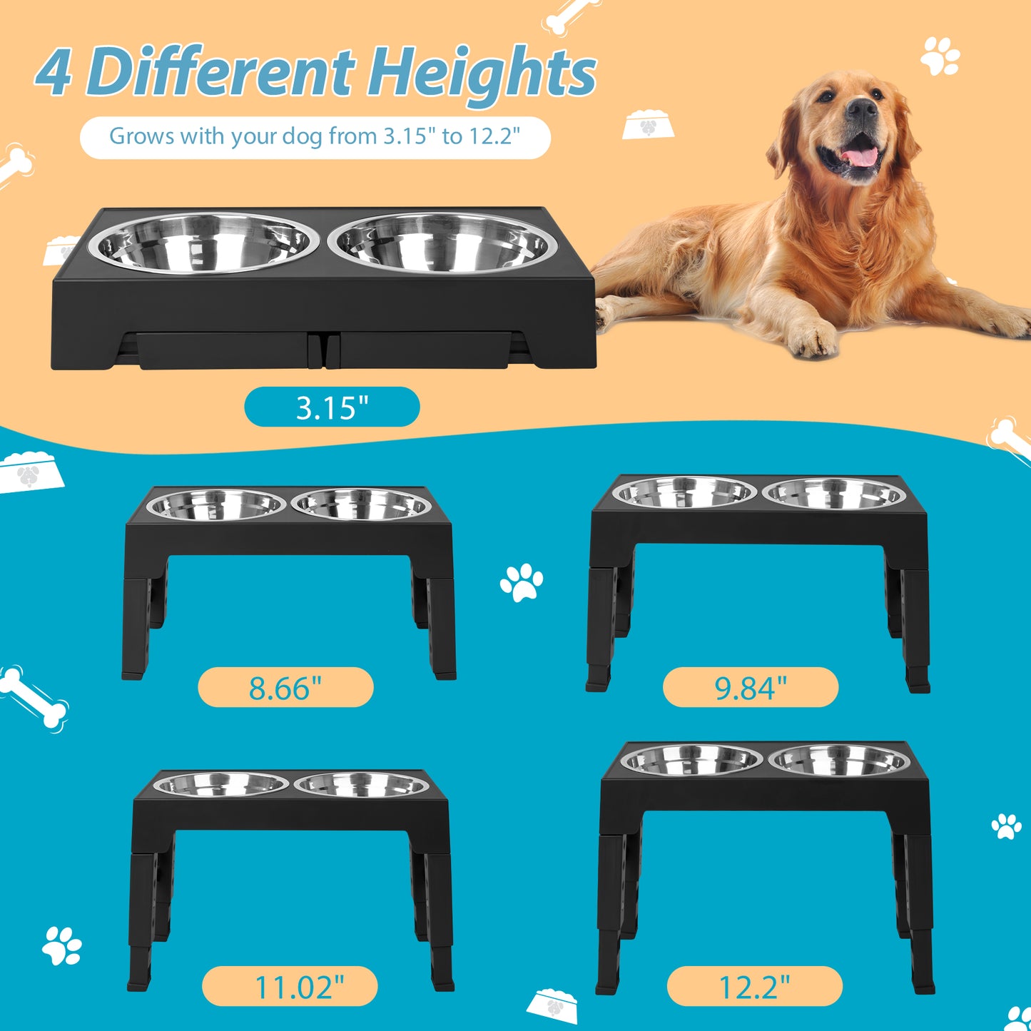 Infographic showing the five height options for the elevated dog bowls: 3.15”, 8.66”, 9.84”, 11.02”, and 12.2”, with a golden retriever pictured in the background.