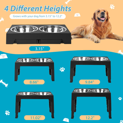 Infographic showing the five height options for the elevated dog bowls: 3.15”, 8.66”, 9.84”, 11.02”, and 12.2”, with a golden retriever pictured in the background.